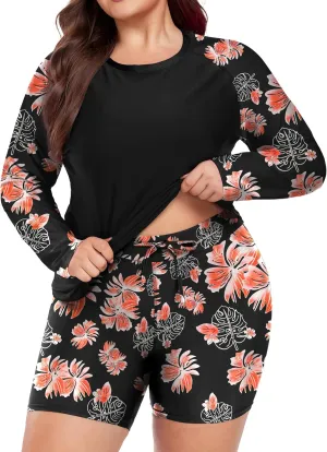 FOREYOND Women's 2 Piece Plus Size Rash Guard Long Sleeve Swimsuits Swim Shirt and Short Bathing Suit UPF 50 
