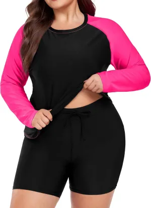FOREYOND Women's 2 Piece Plus Size Rash Guard Long Sleeve Swimsuits Swim Shirt and Short Bathing Suit UPF 50 