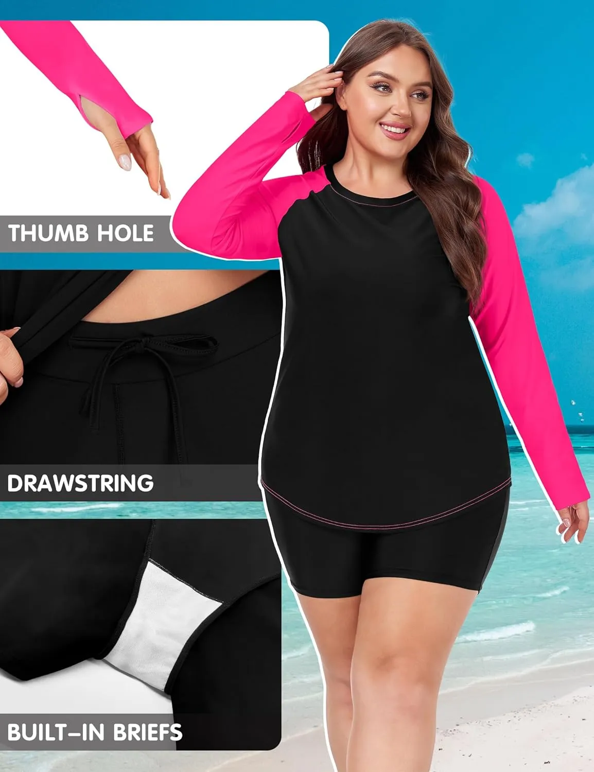 FOREYOND Women's 2 Piece Plus Size Rash Guard Long Sleeve Swimsuits Swim Shirt and Short Bathing Suit UPF 50 