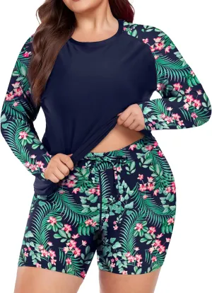 FOREYOND Women's 2 Piece Plus Size Rash Guard Long Sleeve Swimsuits Swim Shirt and Short Bathing Suit UPF 50 
