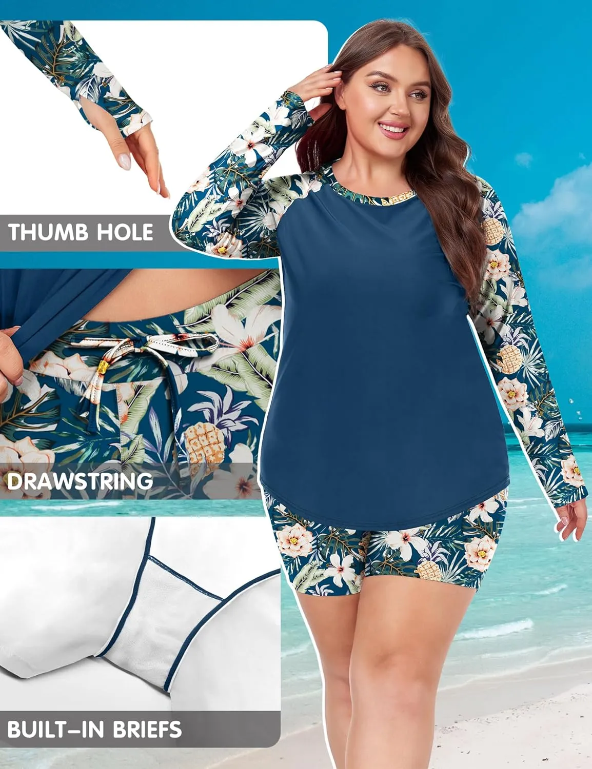FOREYOND Women's 2 Piece Plus Size Rash Guard Long Sleeve Swimsuits Swim Shirt and Short Bathing Suit UPF 50 