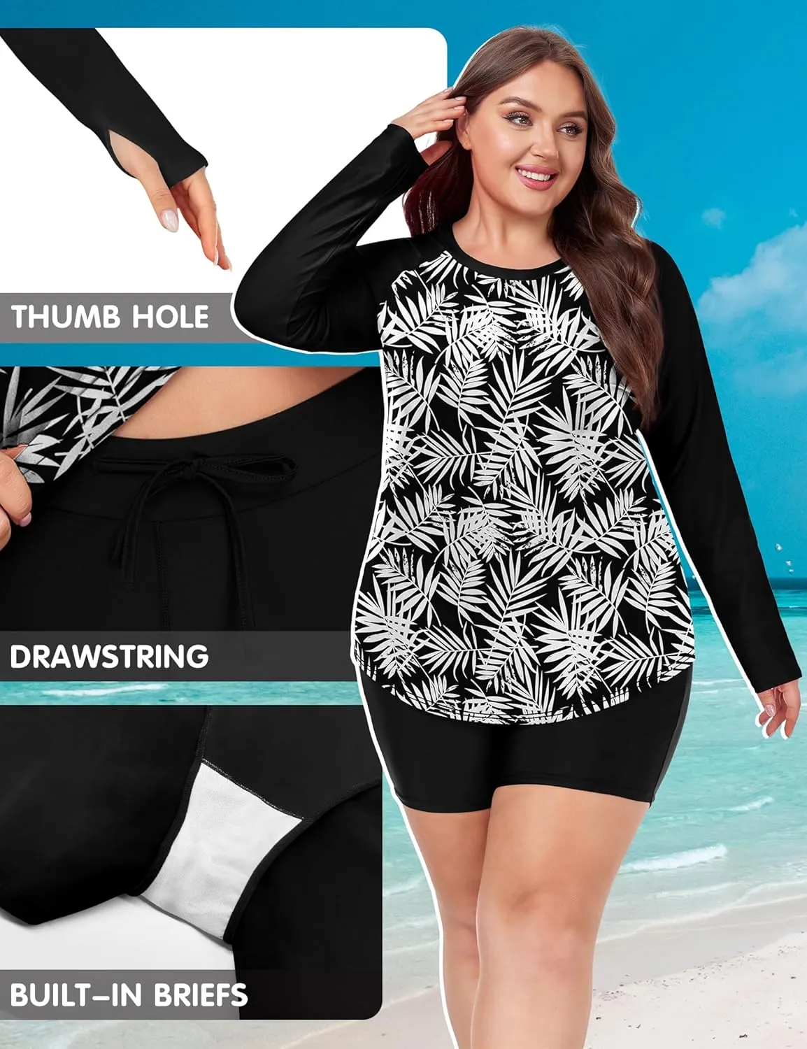 FOREYOND Women's 2 Piece Plus Size Rash Guard Long Sleeve Swimsuits Swim Shirt and Short Bathing Suit UPF 50 