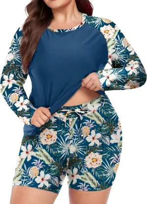 FOREYOND Women's 2 Piece Plus Size Rash Guard Long Sleeve Swimsuits Swim Shirt and Short Bathing Suit UPF 50 