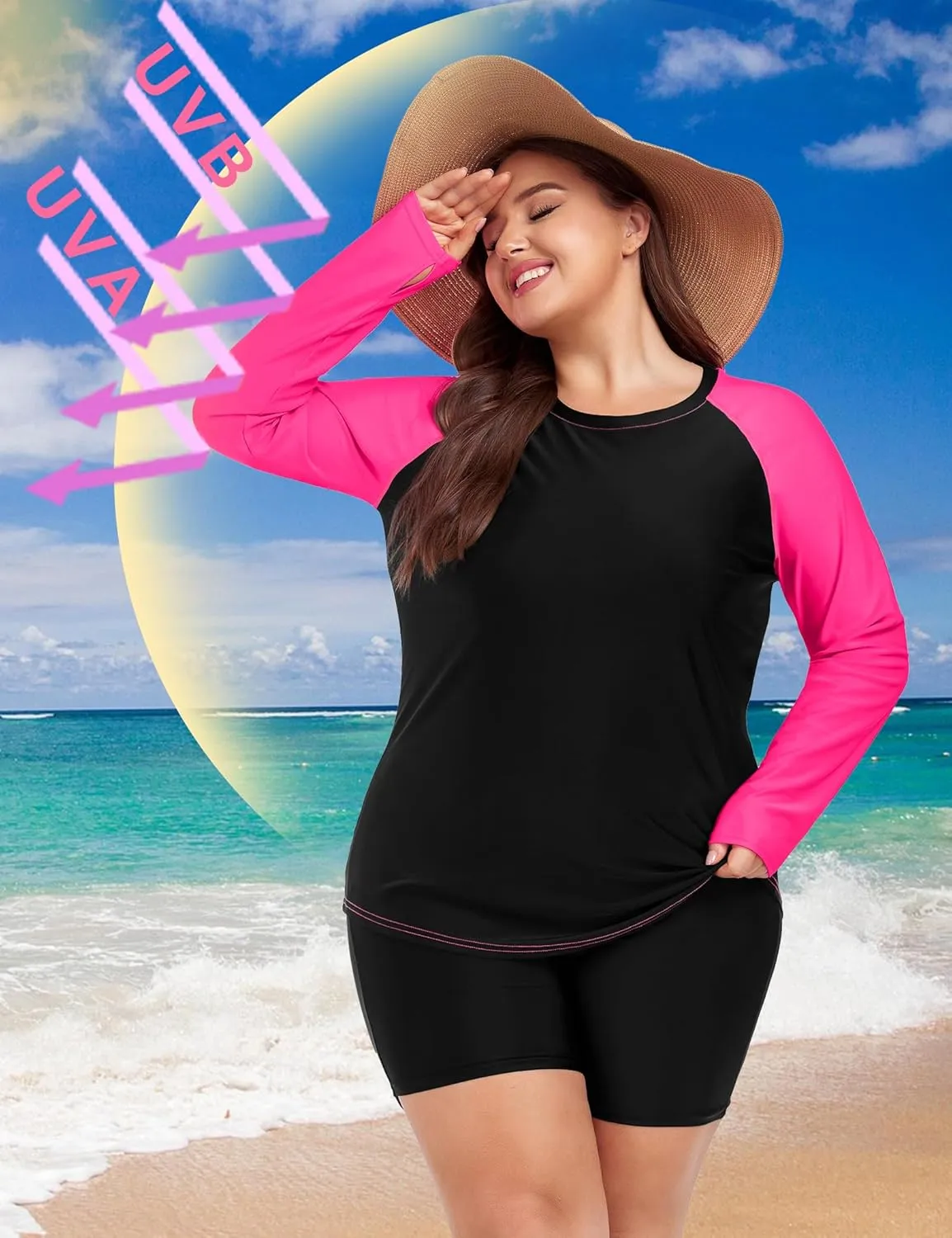 FOREYOND Women's 2 Piece Plus Size Rash Guard Long Sleeve Swimsuits Swim Shirt and Short Bathing Suit UPF 50 