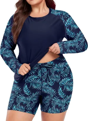 FOREYOND Women's 2 Piece Plus Size Rash Guard Long Sleeve Swimsuits Swim Shirt and Short Bathing Suit UPF 50 