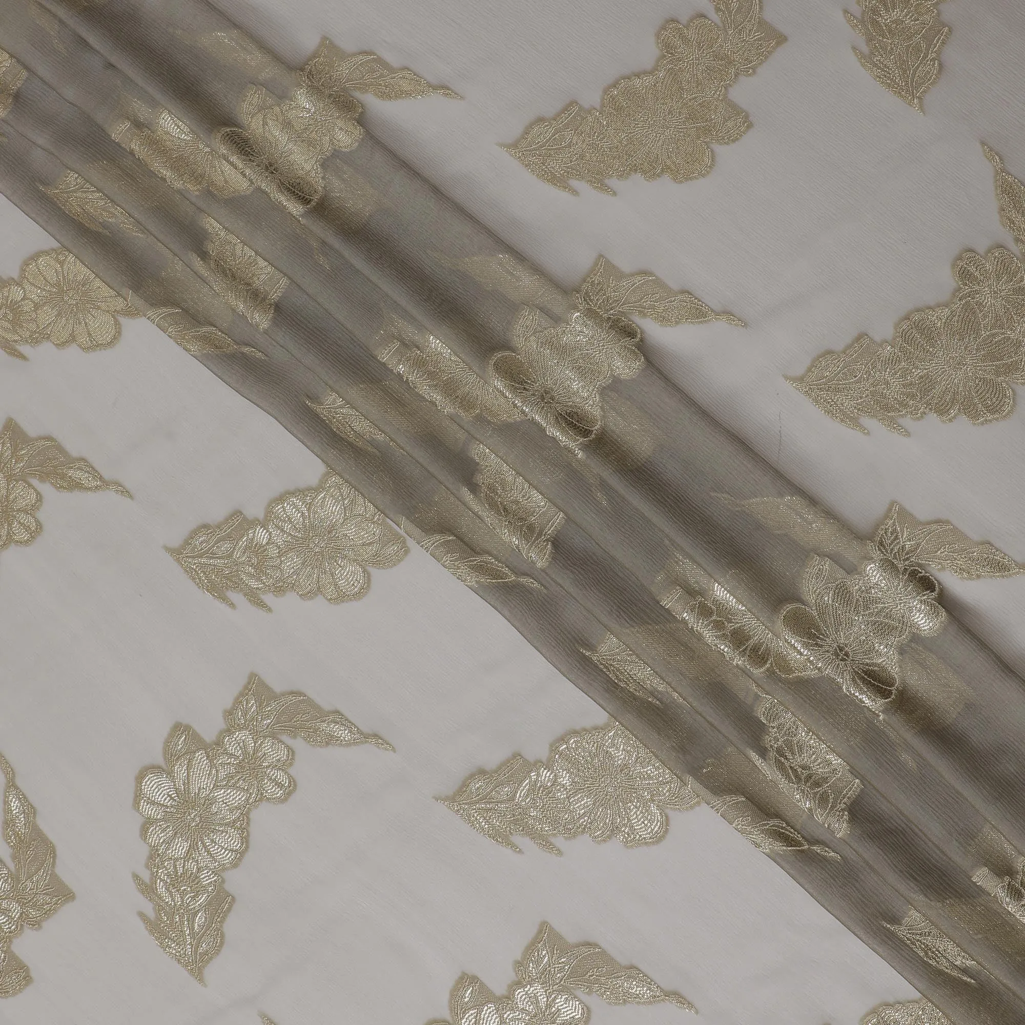 French Ivory Silk Chiffon (Fransawi) Fabric with Metallic Gold Lurex Floral Design, 110 cm Width-D19734
