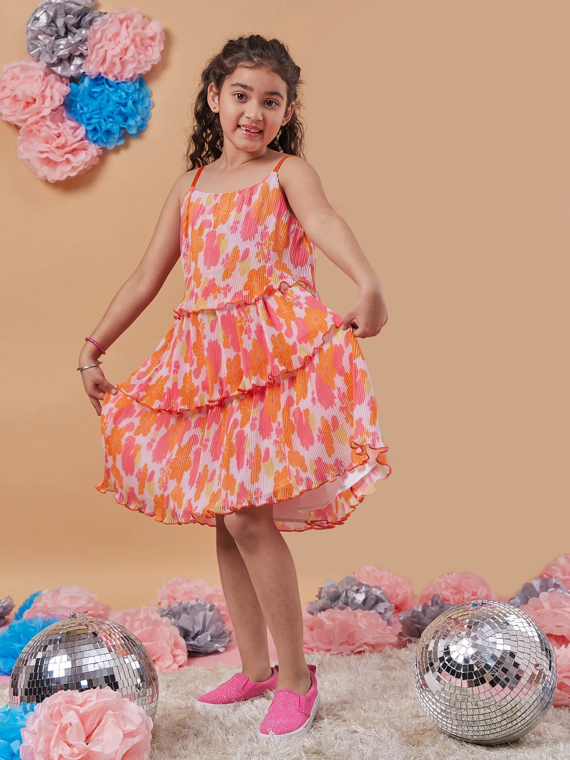 Girls Floral Printed Layered Fit Flare Dress - PS Peaches