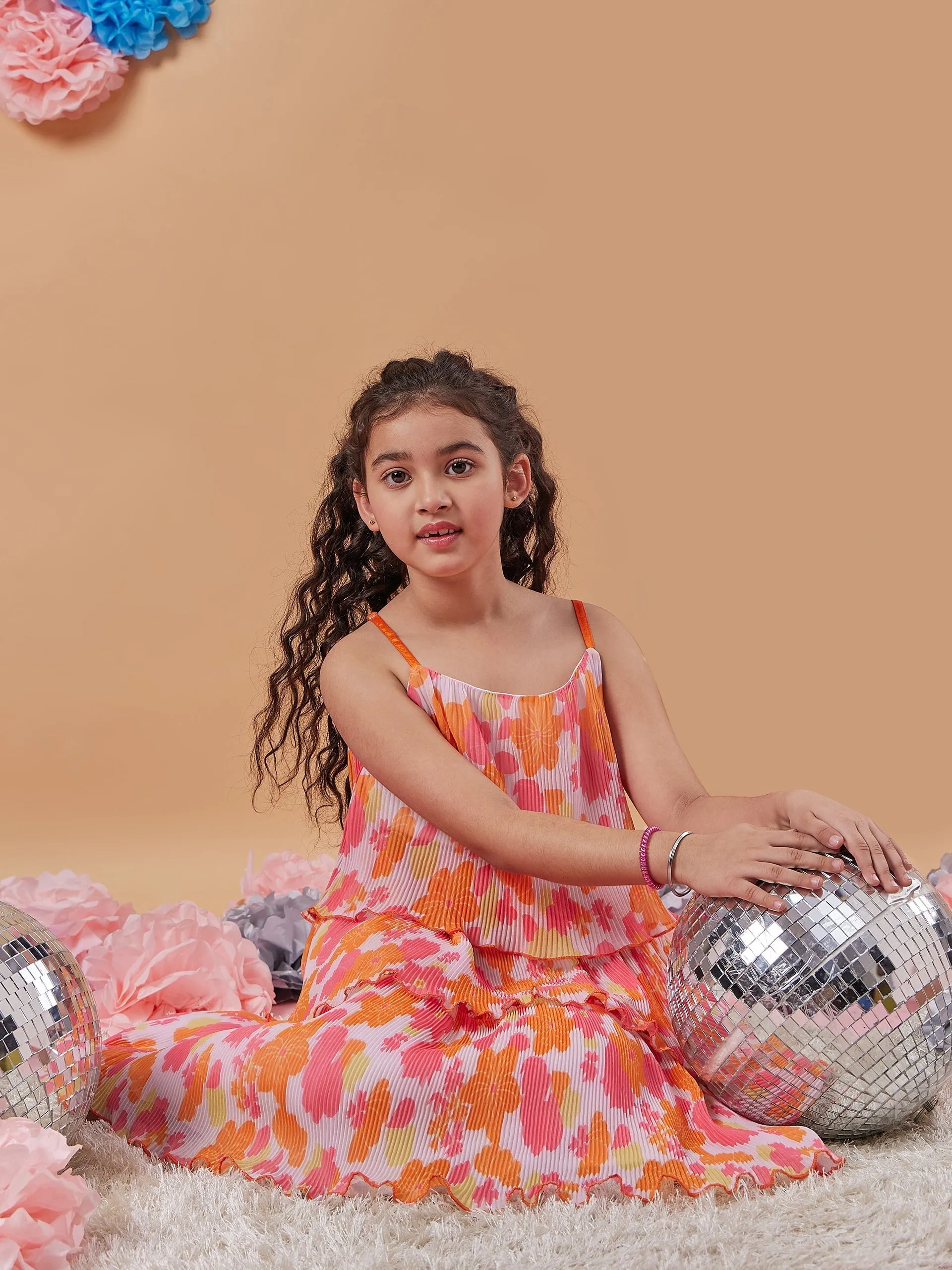 Girls Floral Printed Layered Fit Flare Dress - PS Peaches