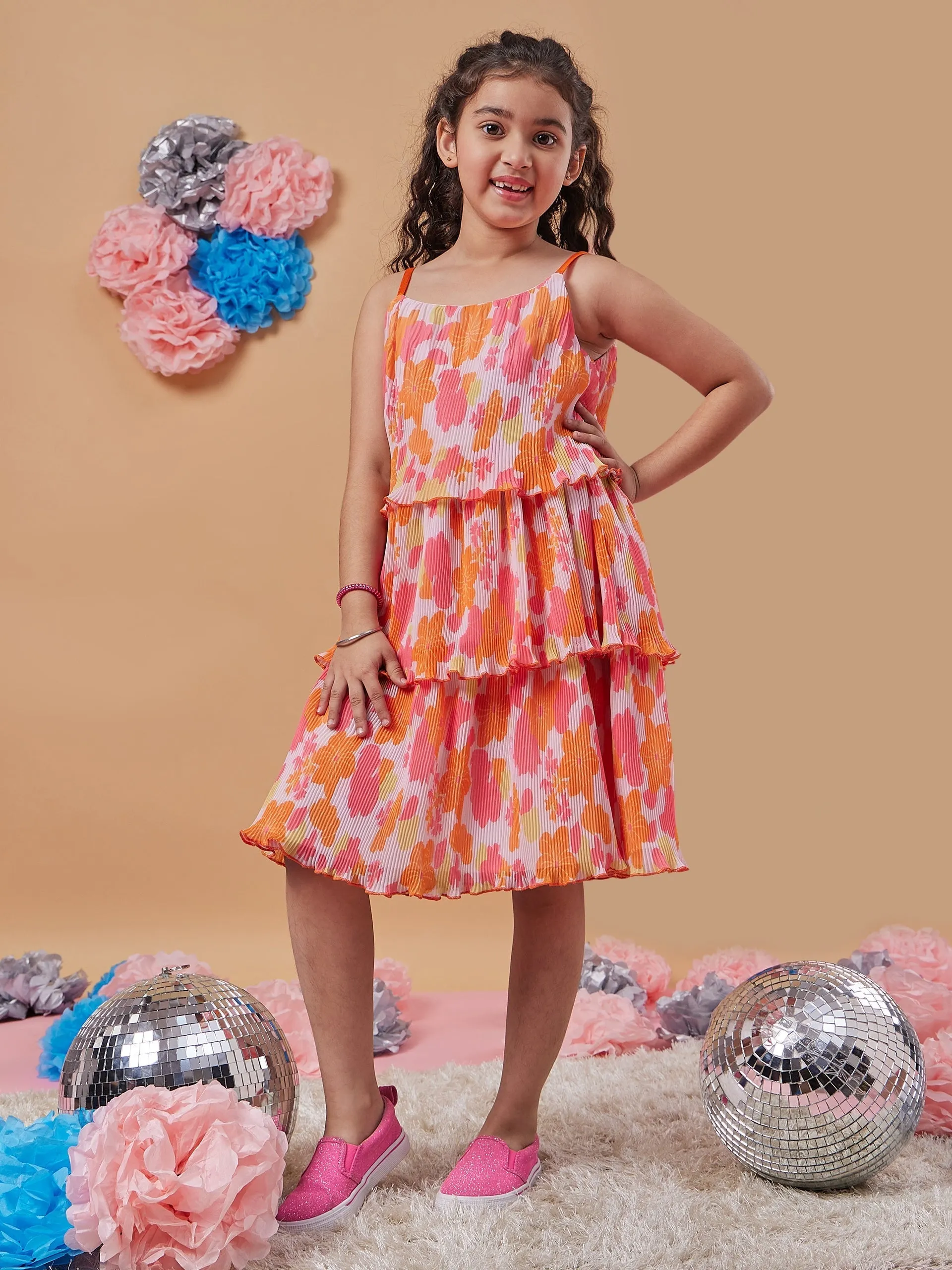 Girls Floral Printed Layered Fit Flare Dress - PS Peaches
