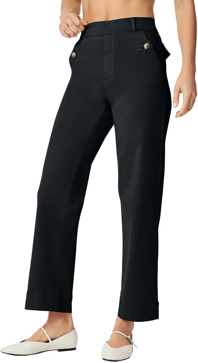 Gumipy Women Stretch Twill Cropped Wide Leg Pant High Waist Casual Capri Pants Straight Leg Chino Pants Dressy Ankle Jeans