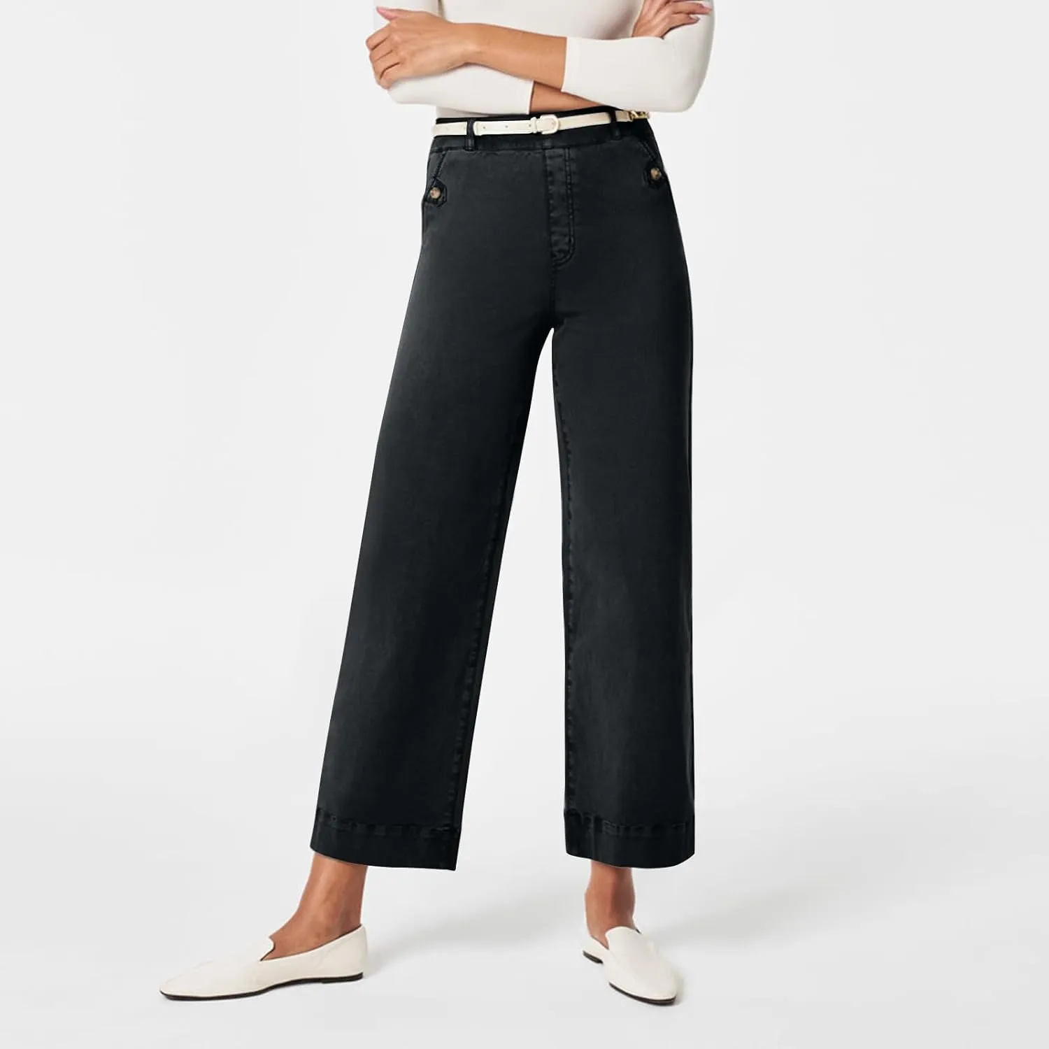 Gumipy Women Stretch Twill Cropped Wide Leg Pant High Waist Casual Capri Pants Straight Leg Chino Pants Dressy Ankle Jeans