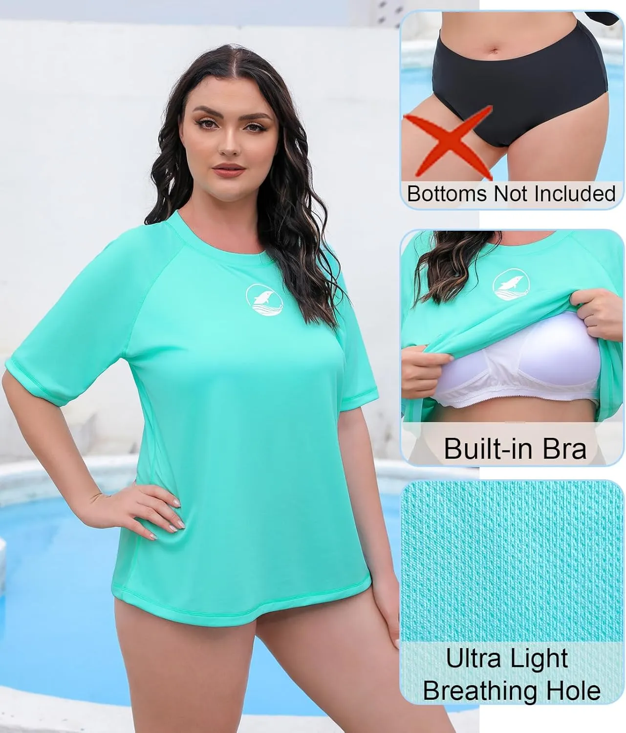 Halcurt Women's Plus Size Short Sleeve Rash Guard with Built in Bra Swim Shirt UPF50  Quick Dry Swimsuit Top