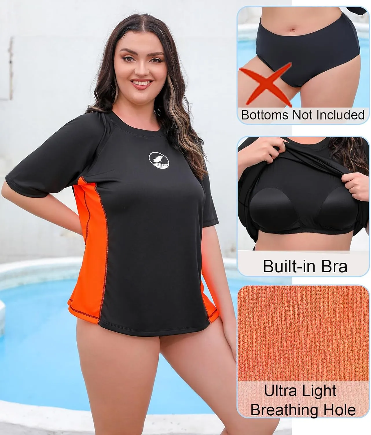 Halcurt Women's Plus Size Short Sleeve Rash Guard with Built in Bra Swim Shirt UPF50  Quick Dry Swimsuit Top