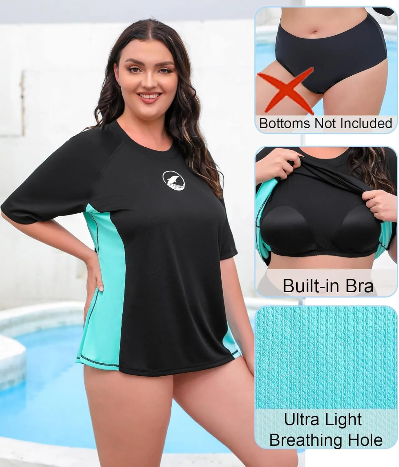 Halcurt Women's Plus Size Short Sleeve Rash Guard with Built in Bra Swim Shirt UPF50  Quick Dry Swimsuit Top