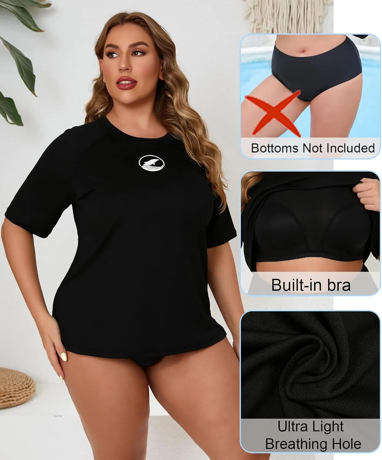 Halcurt Women's Plus Size Short Sleeve Rash Guard with Built in Bra Swim Shirt UPF50  Quick Dry Swimsuit Top