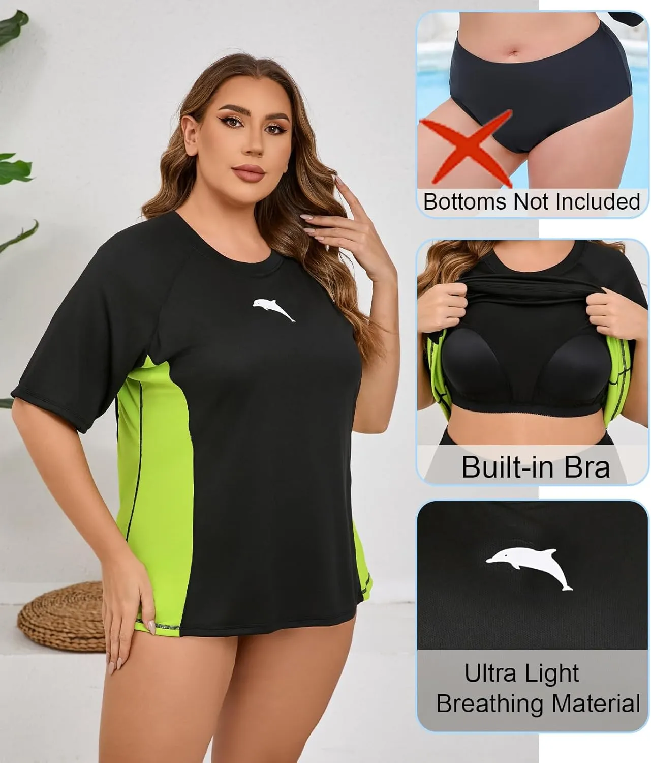 Halcurt Women's Plus Size Short Sleeve Rash Guard with Built in Bra Swim Shirt UPF50  Quick Dry Swimsuit Top