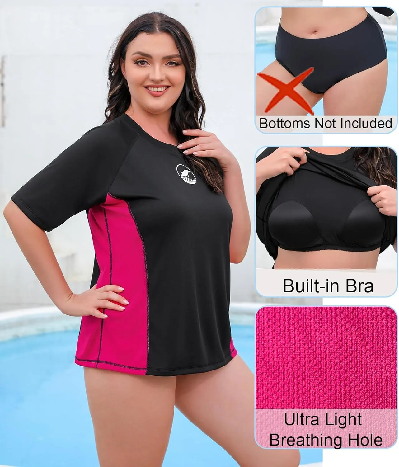 Halcurt Women's Plus Size Short Sleeve Rash Guard with Built in Bra Swim Shirt UPF50  Quick Dry Swimsuit Top