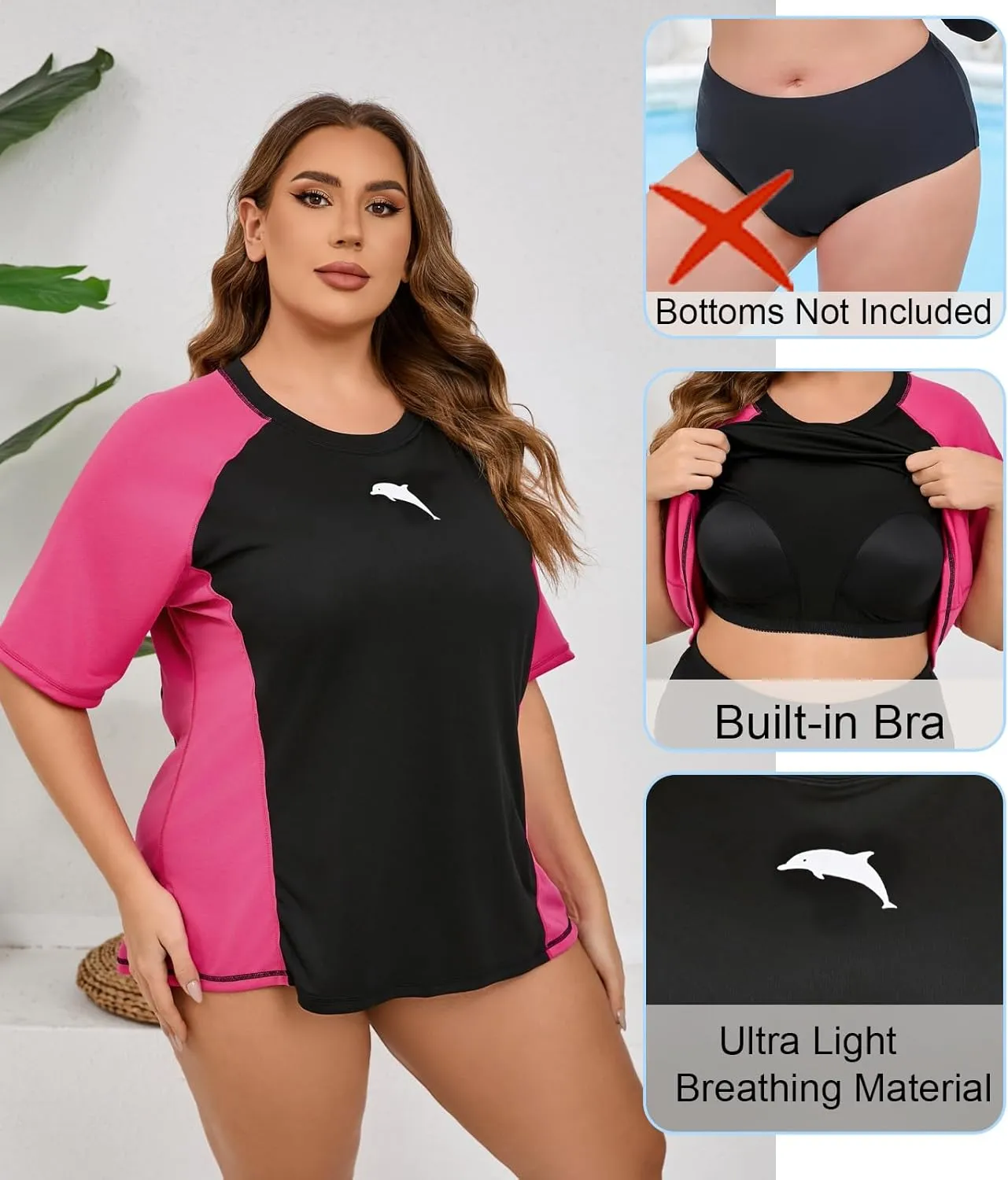 Halcurt Women's Plus Size Short Sleeve Rash Guard with Built in Bra Swim Shirt UPF50  Quick Dry Swimsuit Top