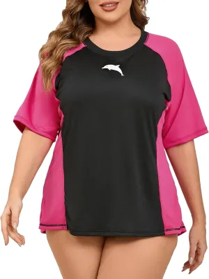 Halcurt Women's Plus Size Short Sleeve Rash Guard with Built in Bra Swim Shirt UPF50  Quick Dry Swimsuit Top