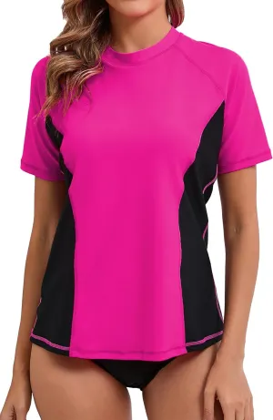 Halcurt Women's Short Sleeve Rash Guard Swimsuit Top with Built in Bra Swim Shirt UPF50  Quick Dry Bathing Suit