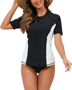 Halcurt Women's Short Sleeve Rash Guard Swimsuit Top with Built in Bra Swim Shirt UPF50  Quick Dry Bathing Suit