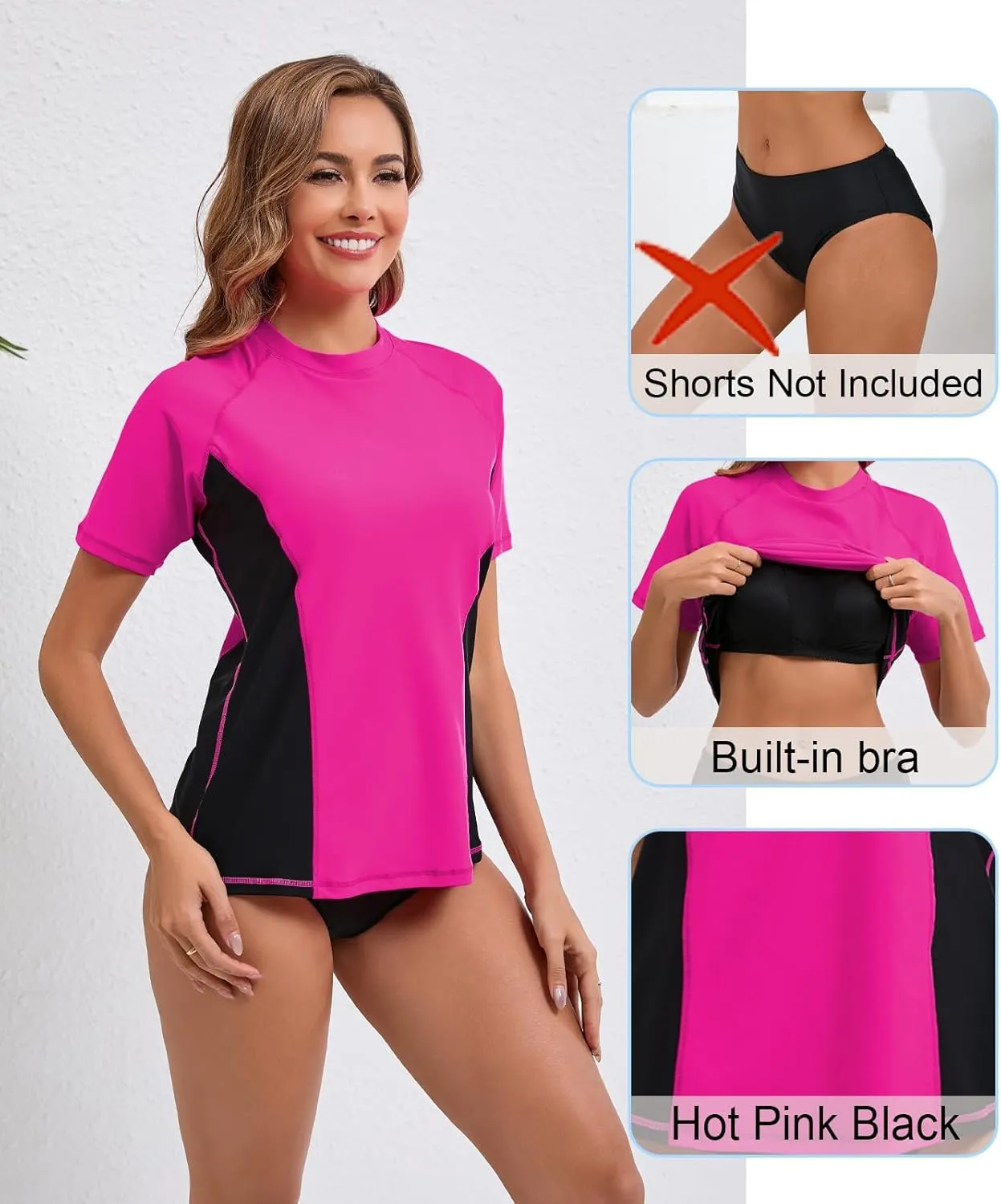 Halcurt Women's Short Sleeve Rash Guard Swimsuit Top with Built in Bra Swim Shirt UPF50  Quick Dry Bathing Suit