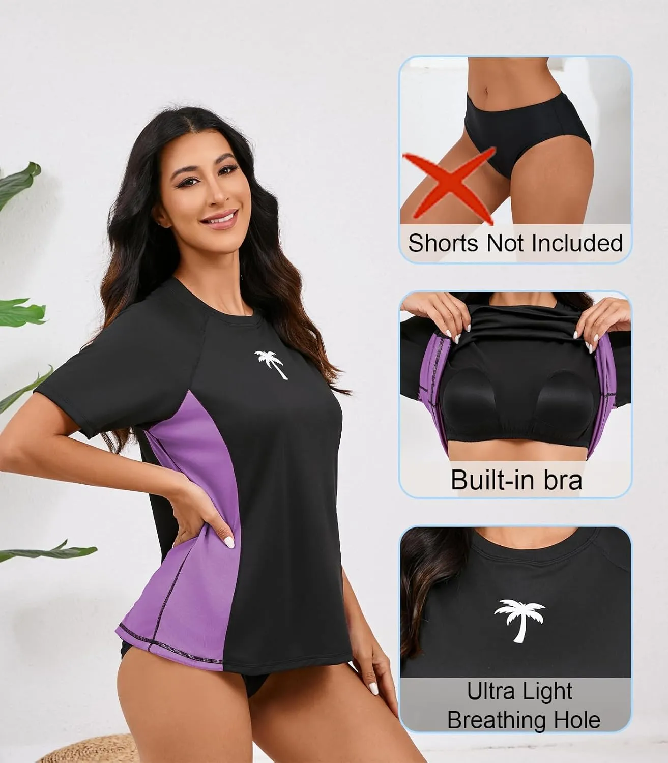 Halcurt Women's Short Sleeve Rash Guard with Built in Bra Swim Shirt UPF50  Quick Dry Lightweight Swimsuit Top