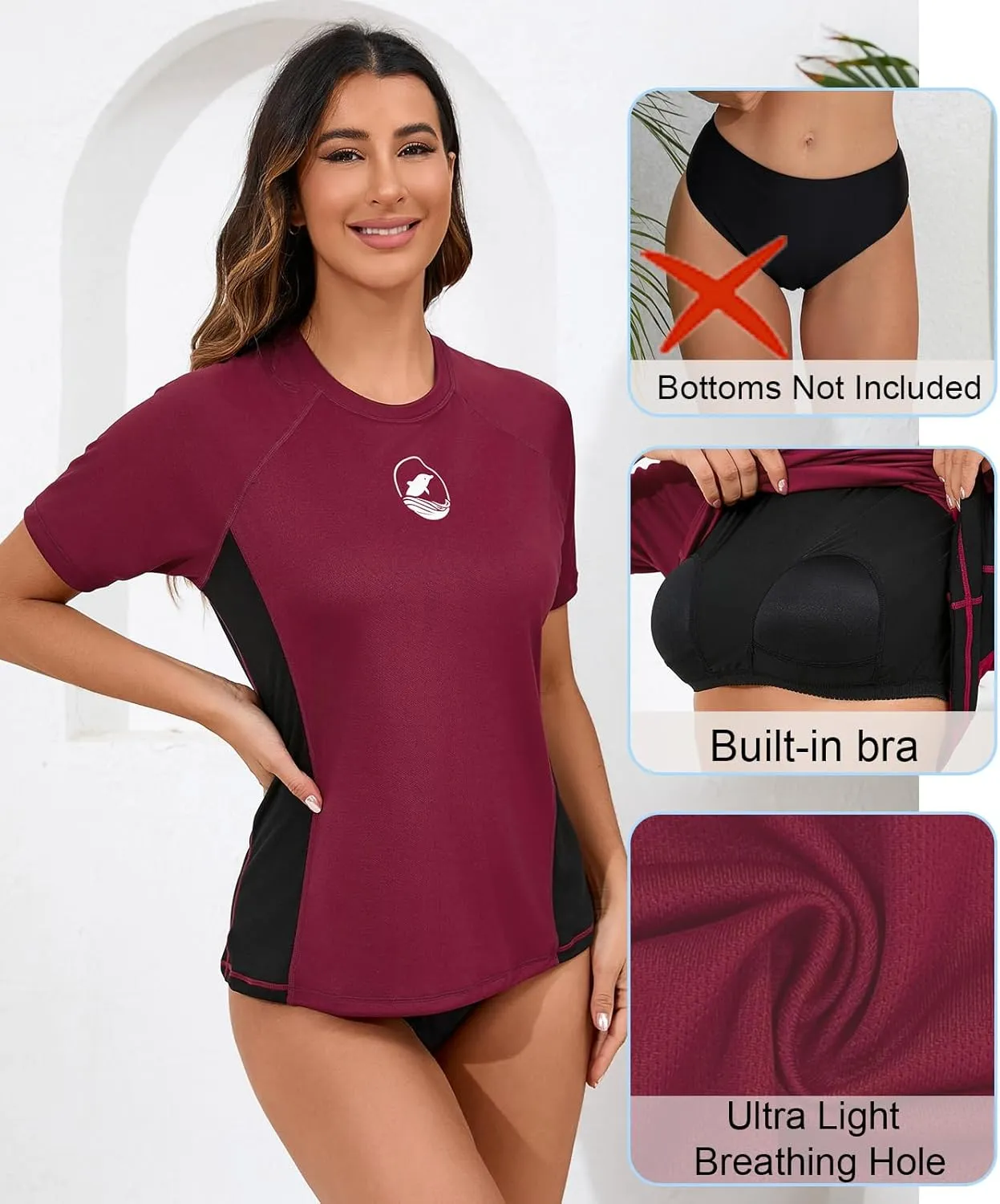 Halcurt Women's Short Sleeve Rash Guard with Built in Bra Swim Shirt UPF50  Quick Dry Lightweight Swimsuit Top