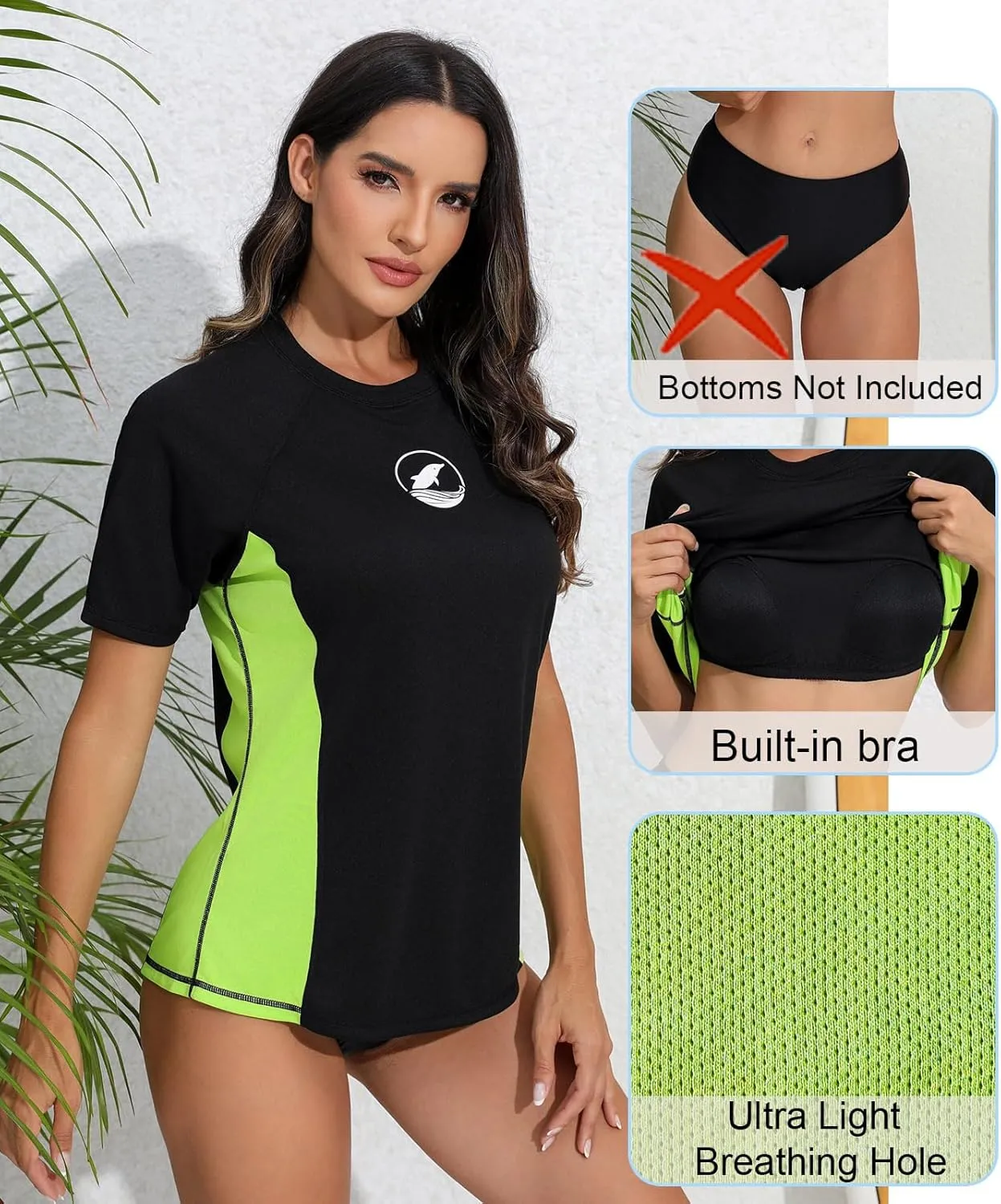 Halcurt Women's Short Sleeve Rash Guard with Built in Bra Swim Shirt UPF50  Quick Dry Lightweight Swimsuit Top