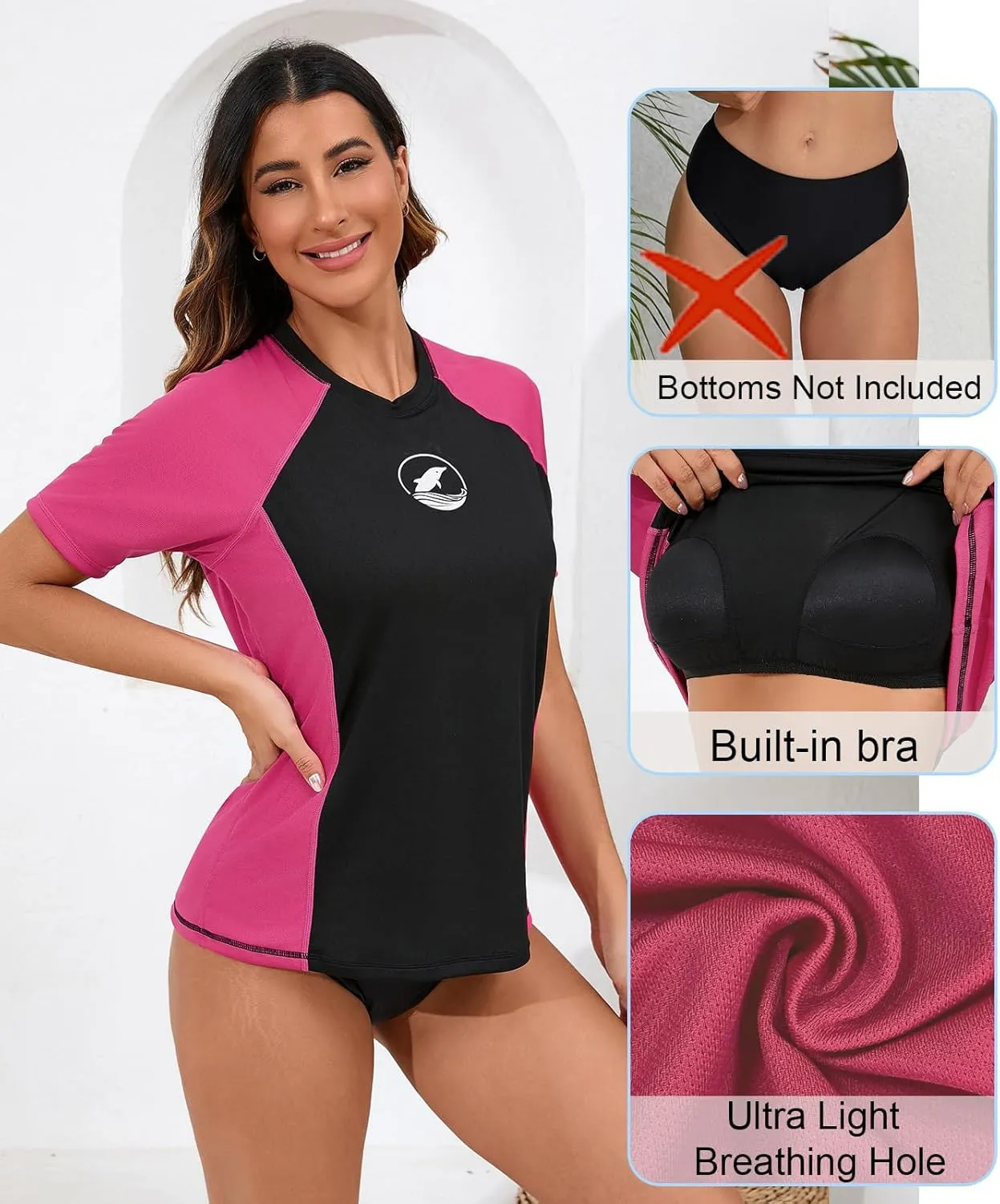 Halcurt Women's Short Sleeve Rash Guard with Built in Bra Swim Shirt UPF50  Quick Dry Lightweight Swimsuit Top