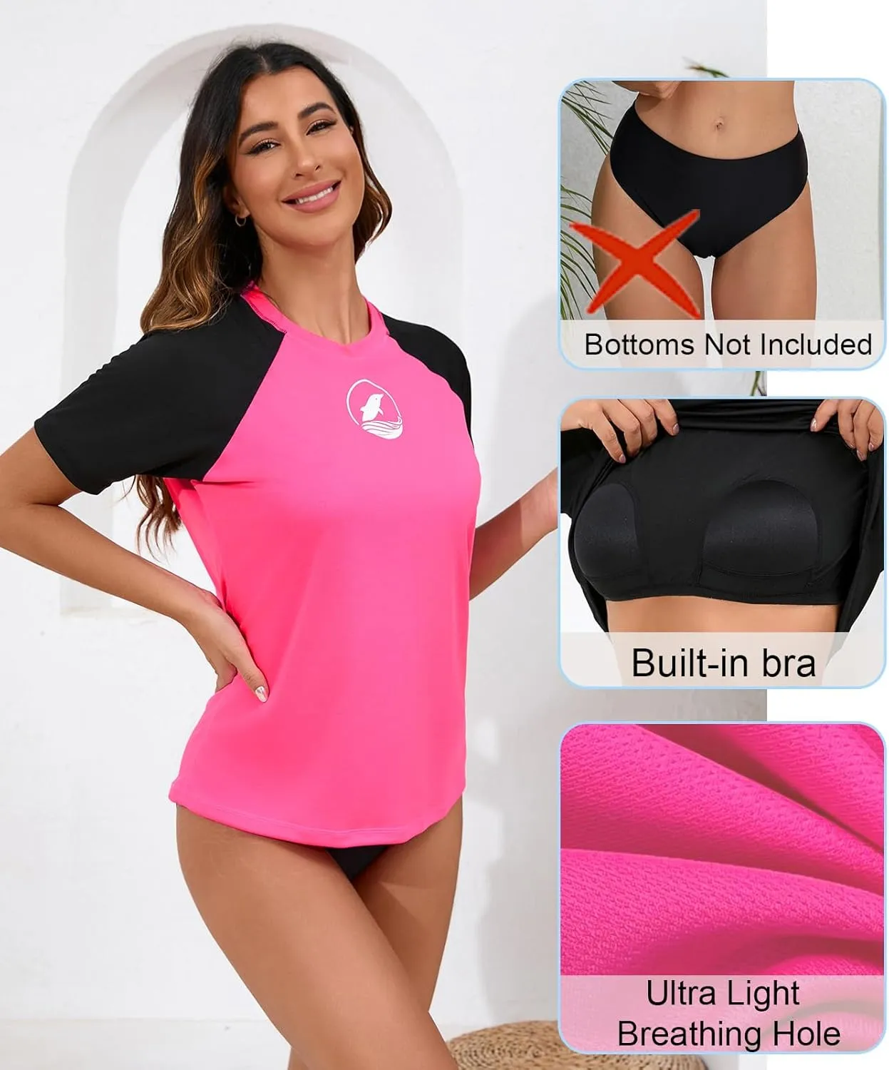Halcurt Women's Short Sleeve Rash Guard with Built in Bra Swim Shirt UPF50  Quick Dry Lightweight Swimsuit Top