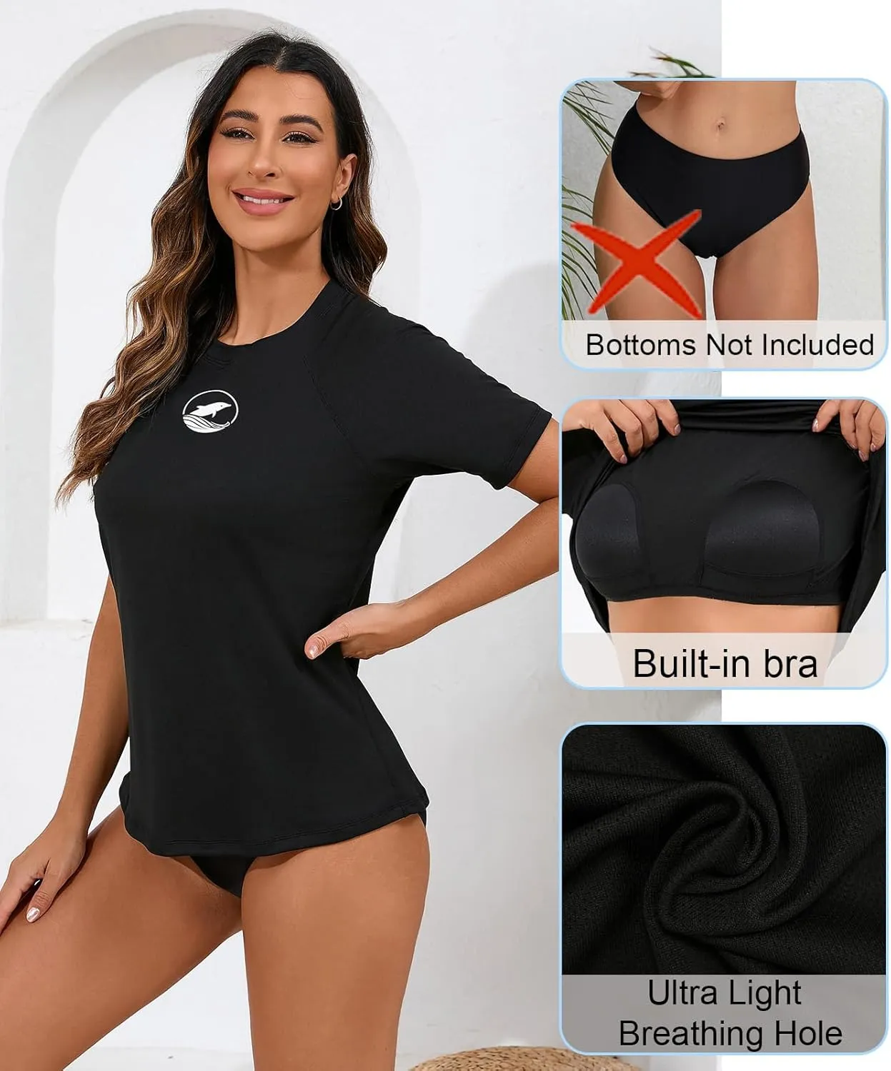 Halcurt Women's Short Sleeve Rash Guard with Built in Bra Swim Shirt UPF50  Quick Dry Lightweight Swimsuit Top