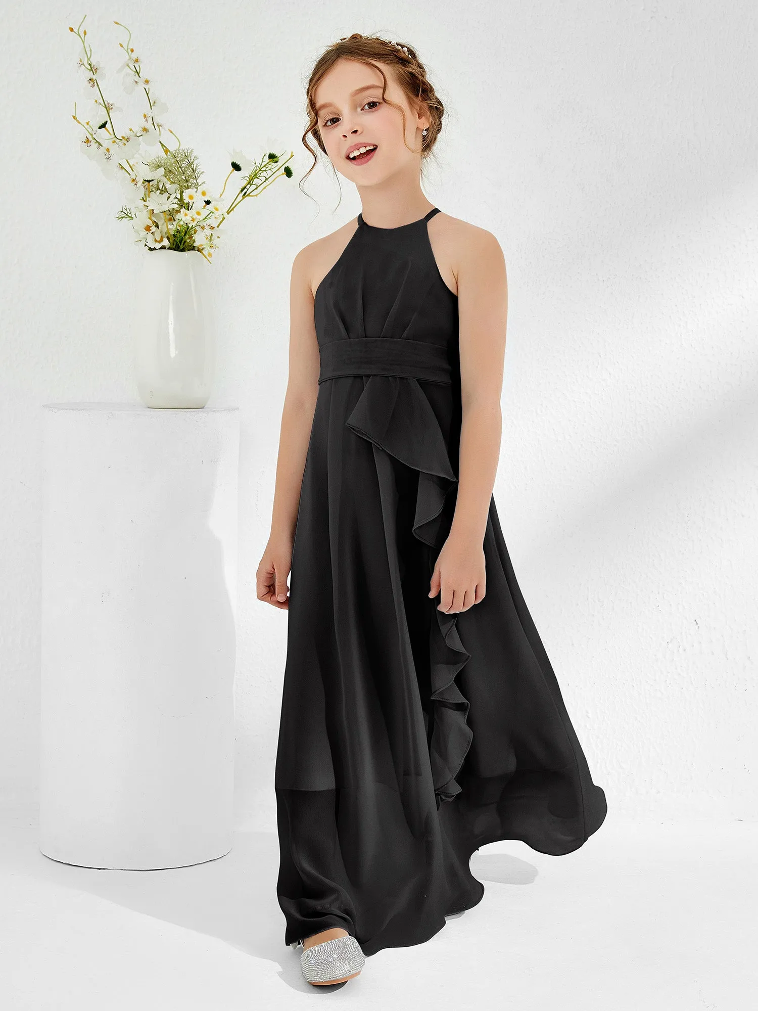 Halter Neckline Junior Bridesmaid Dresses with Sash Black