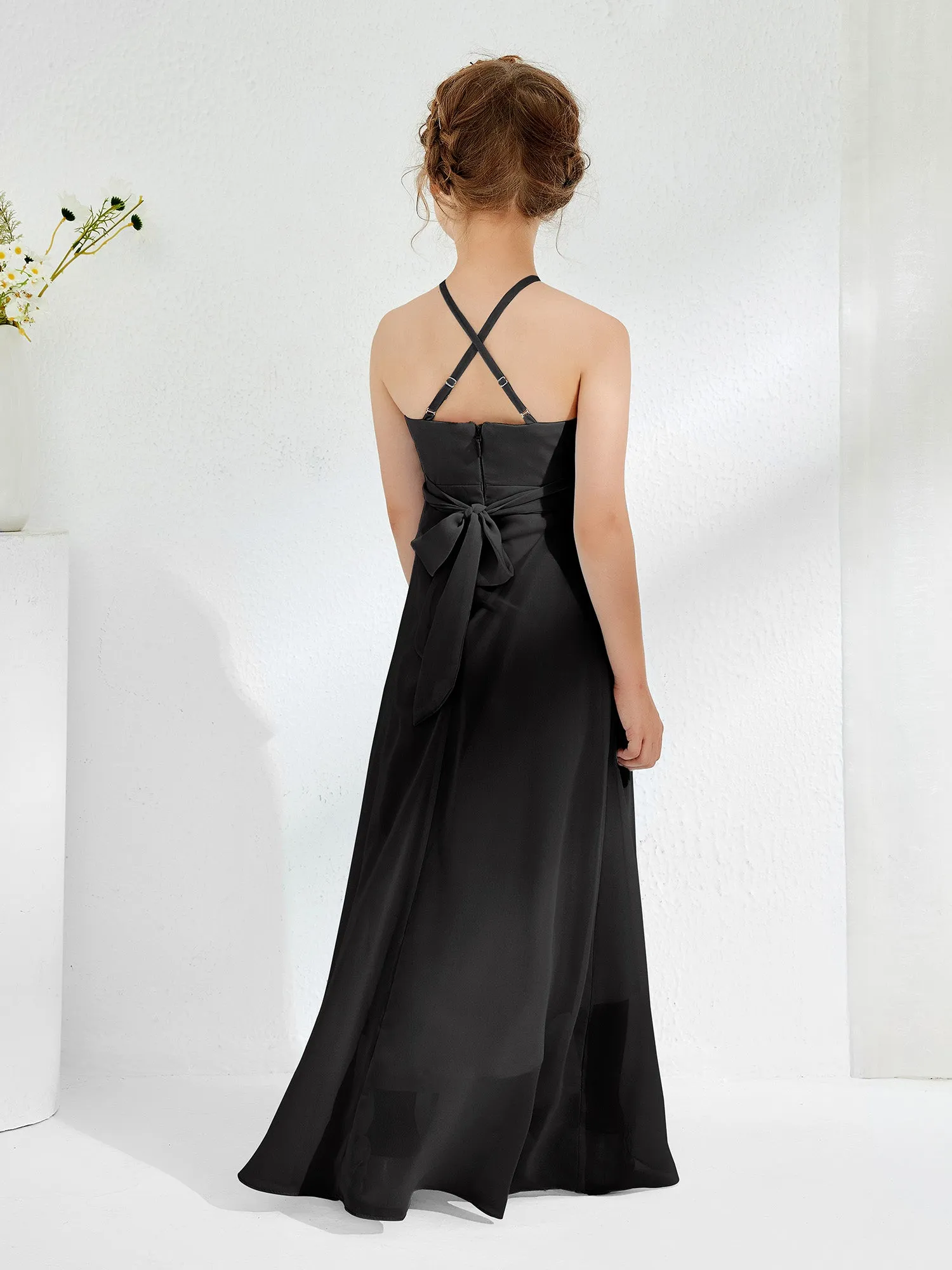 Halter Neckline Junior Bridesmaid Dresses with Sash Black