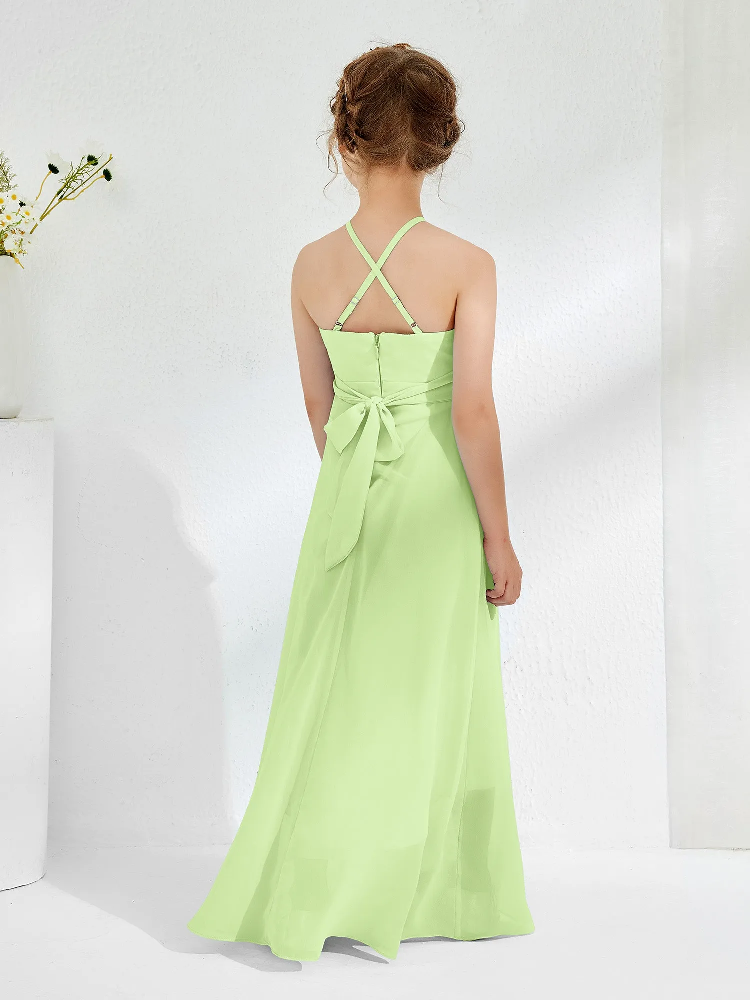 Halter Neckline Junior Bridesmaid Dresses with Sash Sage