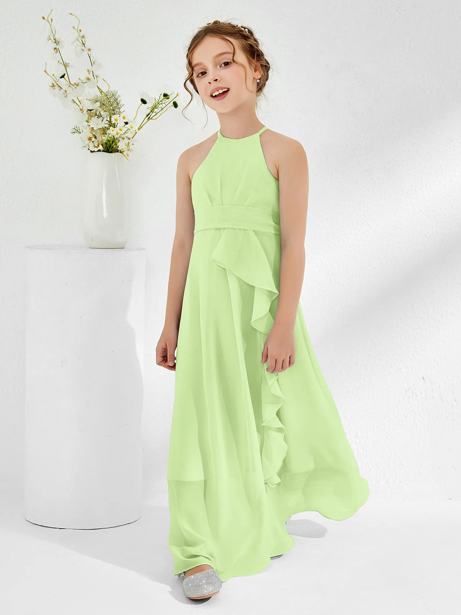 Halter Neckline Junior Bridesmaid Dresses with Sash Sage
