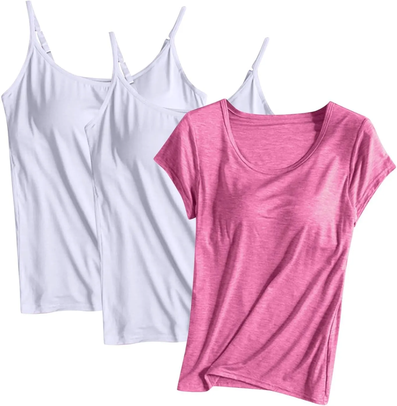 HGps8w Women's Adjustable Spaghetti Strap Shelf Bra Camisoles Tops Basic Bulit-in Bra Short Sleeve Modal T-Shirt Pack of 3