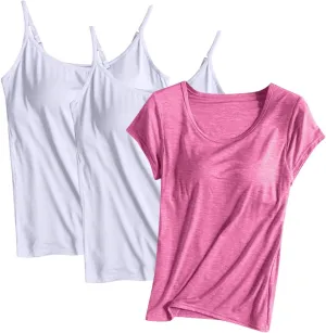 HGps8w Women's Adjustable Spaghetti Strap Shelf Bra Camisoles Tops Basic Bulit-in Bra Short Sleeve Modal T-Shirt Pack of 3