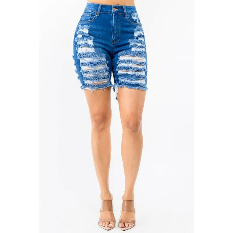 HIGH WAIST DISTRESSED THIGHS DENIM SHORTS