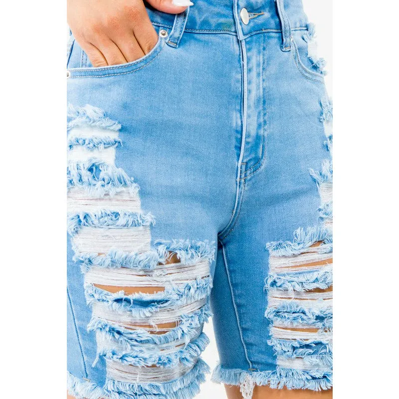 HIGH WAIST DISTRESSED THIGHS DENIM SHORTS