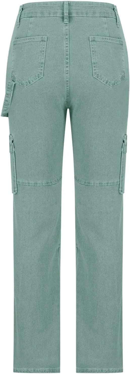 High Waisted Cargo Pants for Women Casual Baggy Cargo Jeans Straight Wide Leg Trousers Stretchy Pants with Pockets