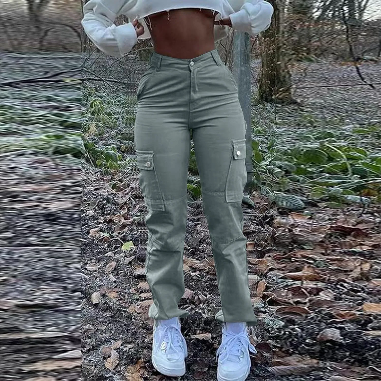 High Waisted Cargo Pants for Women Casual Baggy Cargo Jeans Straight Wide Leg Trousers Stretchy Pants with Pockets
