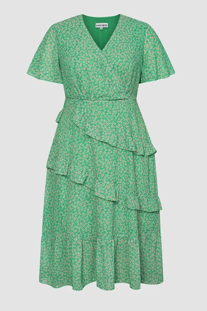 HN Women Plus Size Chiffon Dress Short Sleeve V-Neck Elastic Waist A-Line Dress