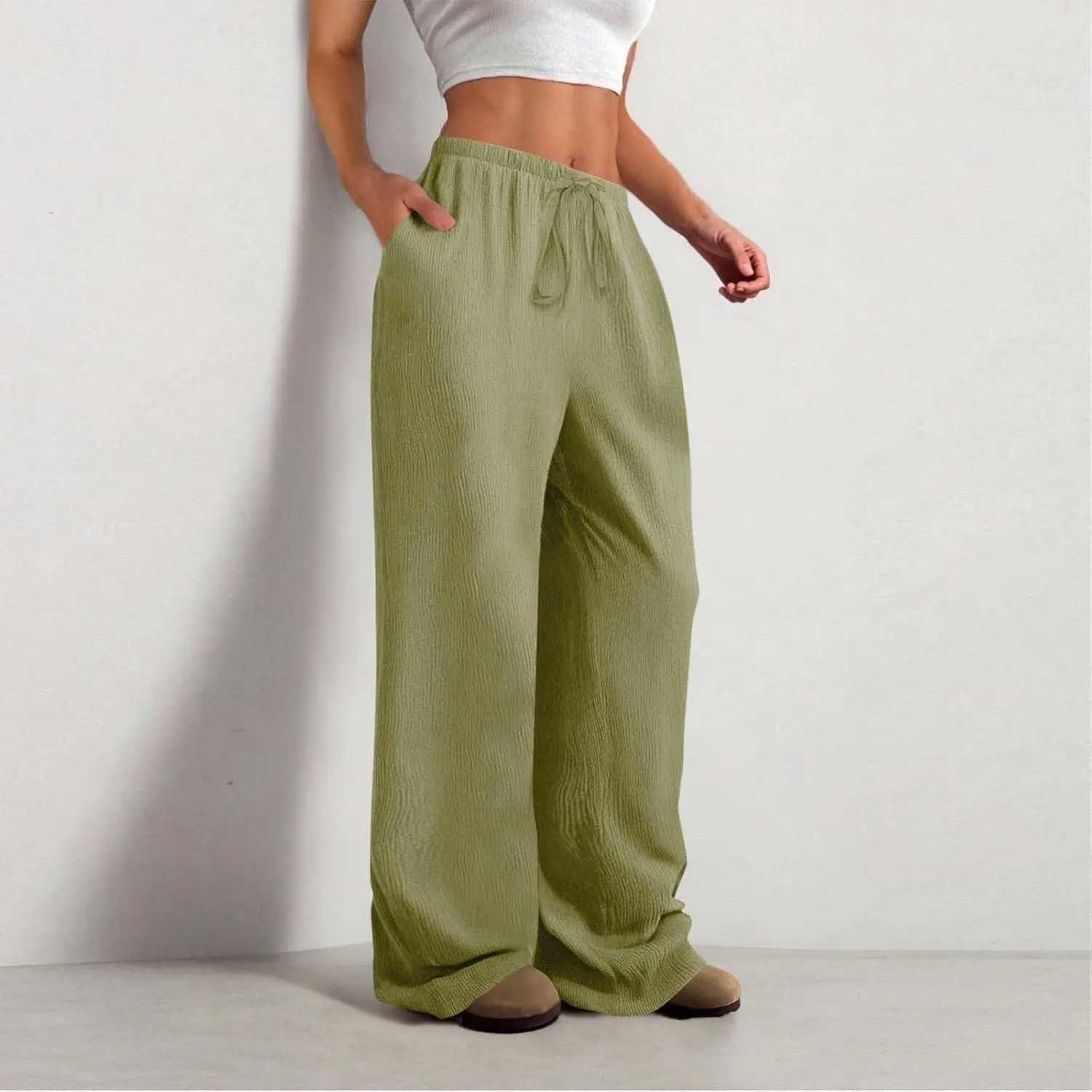 Hvyesh Casual Palazzo Pants for Women Baggy Wide Leg Summer Long Womens Trousers High Waisted Drawstring