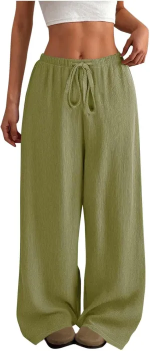 Hvyesh Casual Palazzo Pants for Women Baggy Wide Leg Summer Long Womens Trousers High Waisted Drawstring