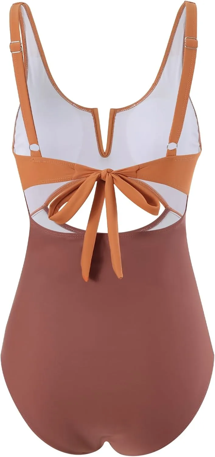 HXN Womens Color Block One Piece Swimsuit Tummy Control V Neck Cutout Slimming Bathing Suit Swim Suit Swimwear