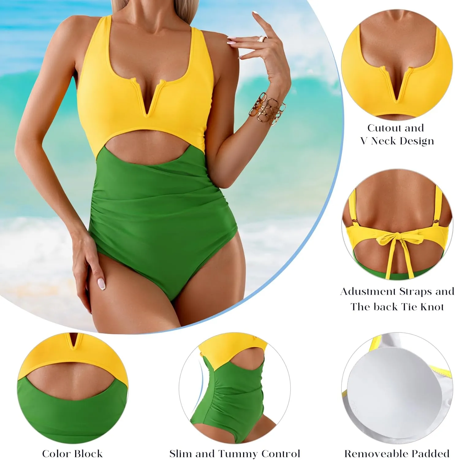 HXN Womens Color Block One Piece Swimsuit Tummy Control V Neck Cutout Slimming Bathing Suit Swim Suit Swimwear