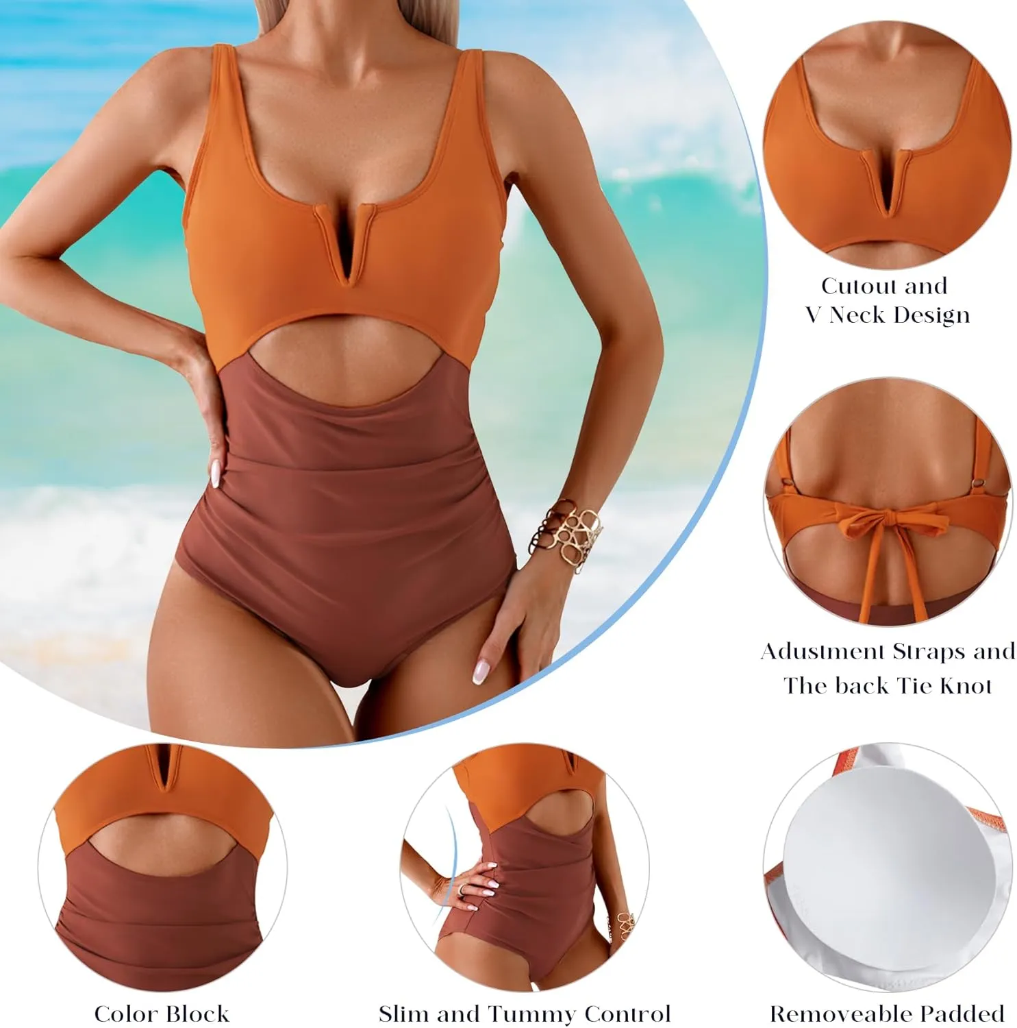 HXN Womens Color Block One Piece Swimsuit Tummy Control V Neck Cutout Slimming Bathing Suit Swim Suit Swimwear