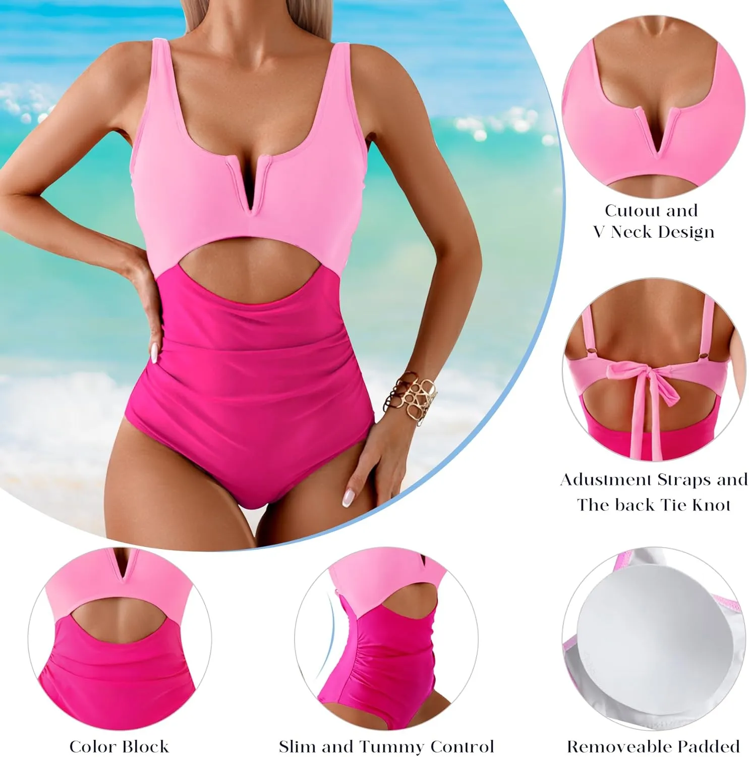HXN Womens Color Block One Piece Swimsuit Tummy Control V Neck Cutout Slimming Bathing Suit Swim Suit Swimwear