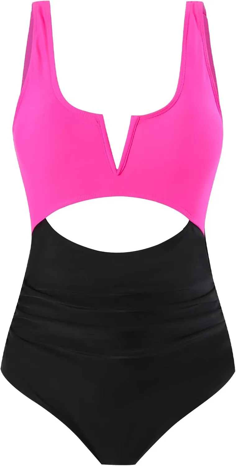 HXN Womens Color Block One Piece Swimsuit Tummy Control V Neck Cutout Slimming Bathing Suit Swim Suit Swimwear